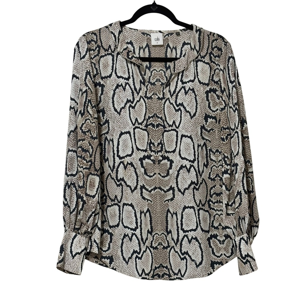 Cabi Snakeskin Print Split Neck Blouse Neutral Animal Print Long Sleeve Top M B5